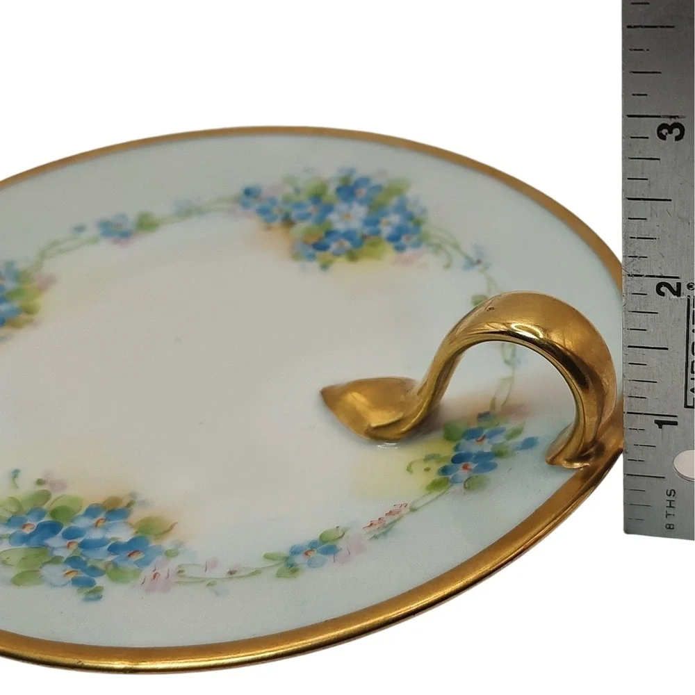 Antique‎ Bavaria Nappy Lemon Dish Blue Hand Painted Floral Gold Trim Handle SEE